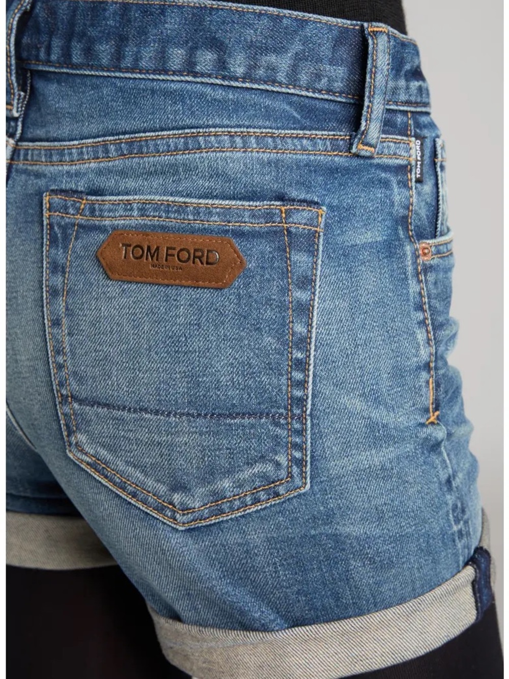Tom Ford Women's Blue Denim Boyfriend Shorts with Leather Patch